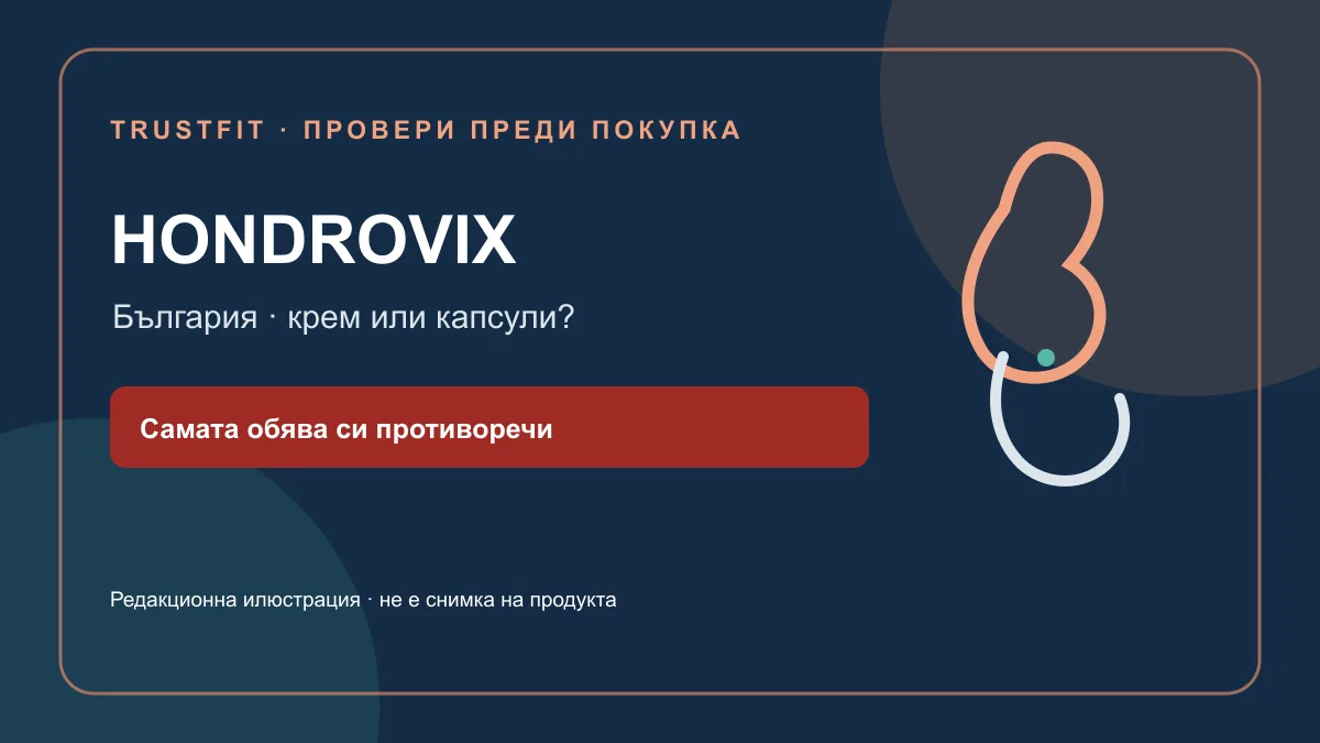 Hondrovix в България: заглавието на офертата го нарича крем, а описанието говори за капсули. Редакционна илюстрация, не снимка на опаковката.