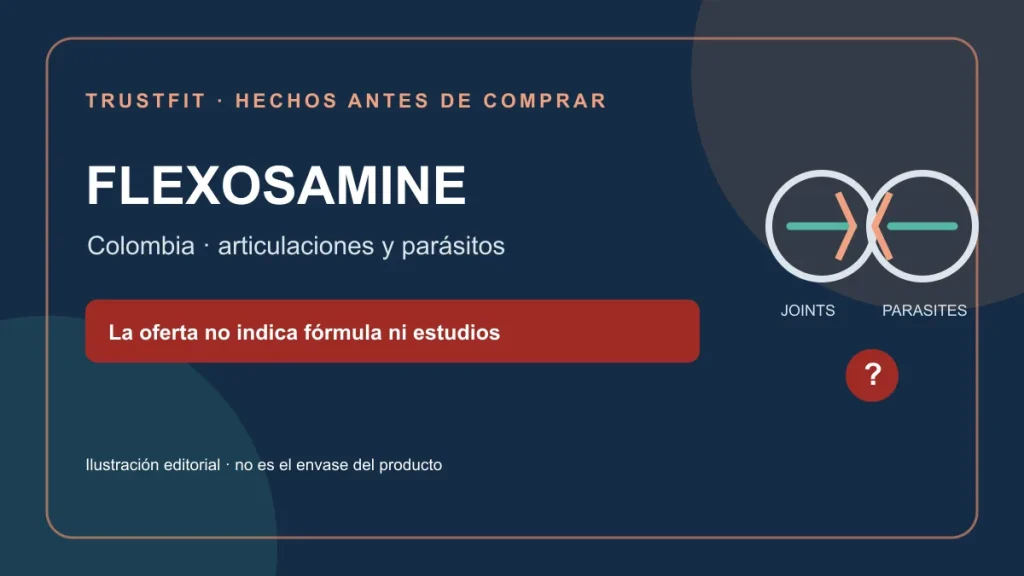 Flexosamine en Colombia: el anuncio combina promesas para el dolor articular y las consecuencias de infecciones parasitarias, sin publicar fórmula ni estudios. Ilustración editorial, no es el producto.