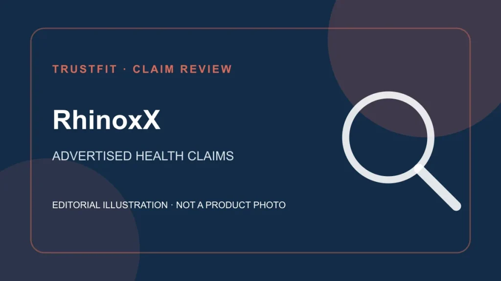 Original editorial illustration for RhinoxX, a review of the seller’s health claims in South Africa. Not a photograph of the product.