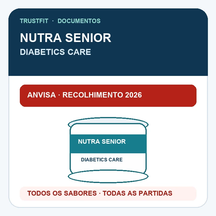 Ilustração editorial original do Nutra Senior Diabetics Care com a medida de recolhimento da Anvisa em 2026.