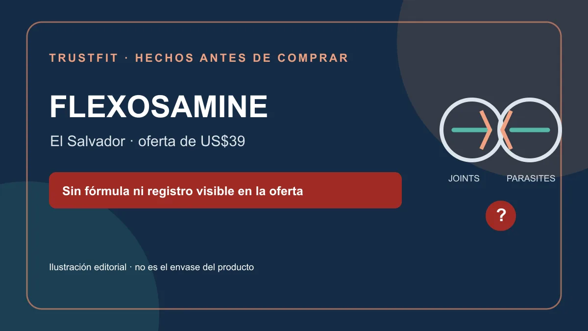 Flexosamine en El Salvador: la oferta indica un precio de 39 dólares y promete ayudar con dolor articular y parásitos, pero no publica fórmula ni número de registro. Ilustración editorial, no es el producto.