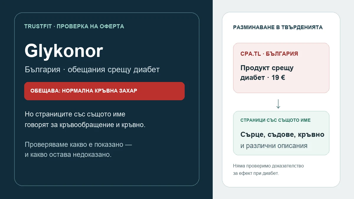 Редакционна графика за Glykonor: офертата го представя като продукт срещу диабет, а други страници със същото име — като добавка за кръвообращението и кръвното.