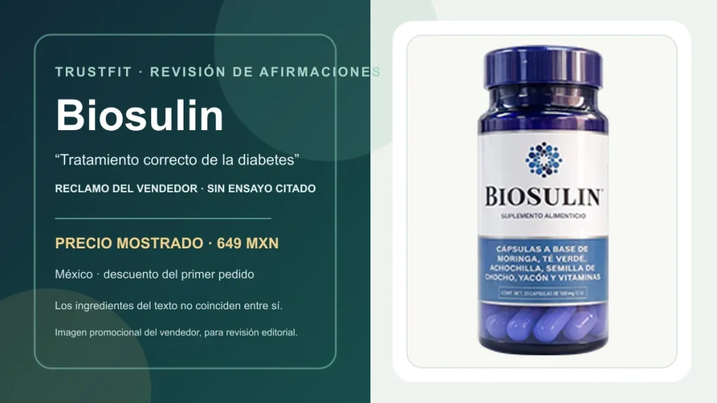 Botella de Biosulin que aparece en la página de venta mexicana; imagen promocional del vendedor, no una comprobación del contenido.