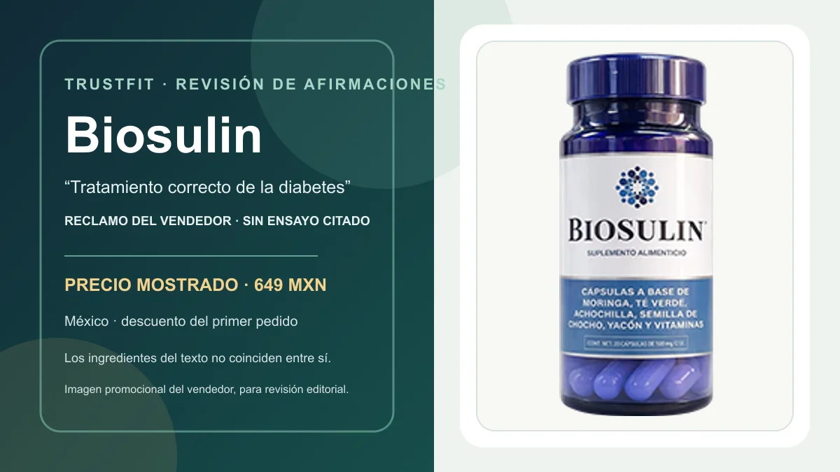 Botella de Biosulin que aparece en la página de venta mexicana; imagen promocional del vendedor, no una comprobación del contenido.