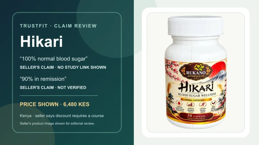 Hikari bottle shown on the Kenya sales page; its label reads Blood Sugar Wellness, Herbal Capsules, 30 capsules, Rukano Botanicals Ltd.