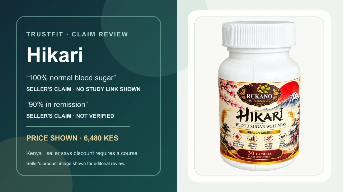 Hikari bottle shown on the Kenya sales page; its label reads Blood Sugar Wellness, Herbal Capsules, 30 capsules, Rukano Botanicals Ltd.