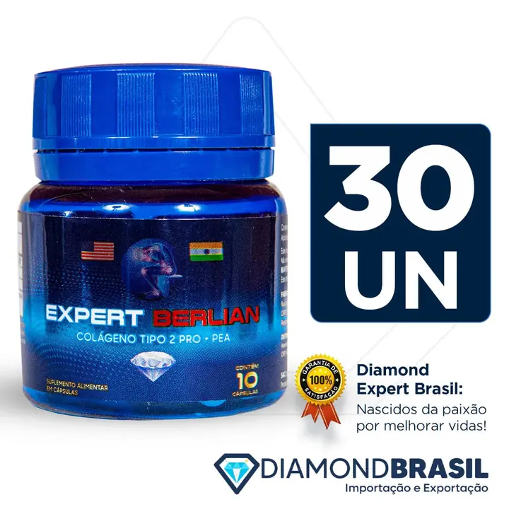 Frasco azul Expert Berlian Pea com colágeno tipo 2, na imagem da oferta de 30 unidades do vendedor.
