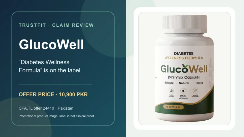 CPA.TL کی پاکستان آفر 24410 میں دکھائی گئی GlucoWell کی 30 کیپسول بوتل؛ لیبل پر Diabetes Wellness Formula لکھا ہے۔