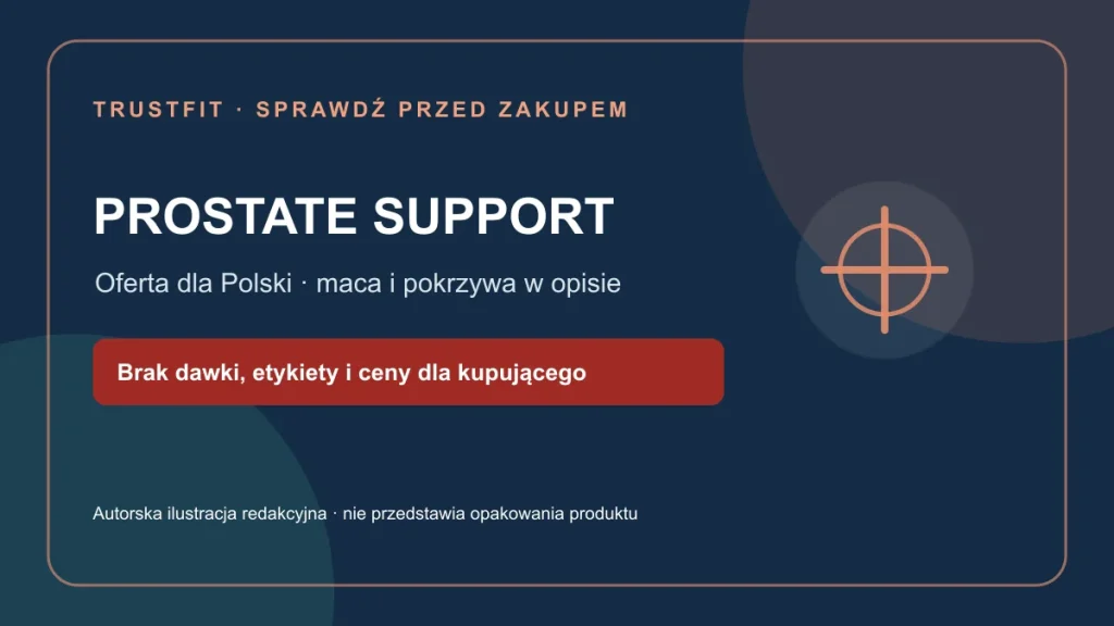 Prostate Support: oferta CPA.TL dla Polski wymienia macę i pokrzywę, ale nie pokazuje dawki, pełnej etykiety ani ceny dla kupującego. Autorska ilustracja, nie zdjęcie produktu.