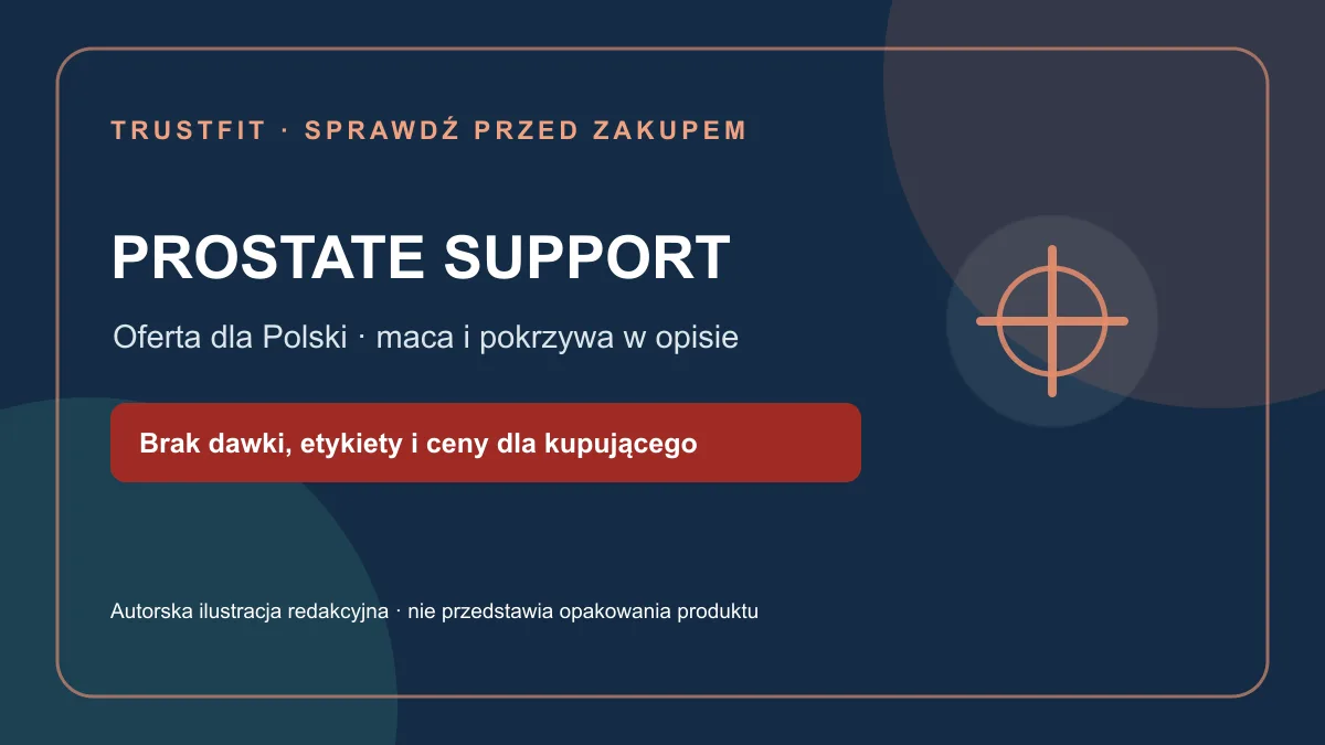 Prostate Support: oferta CPA.TL dla Polski wymienia macę i pokrzywę, ale nie pokazuje dawki, pełnej etykiety ani ceny dla kupującego. Autorska ilustracja, nie zdjęcie produktu.