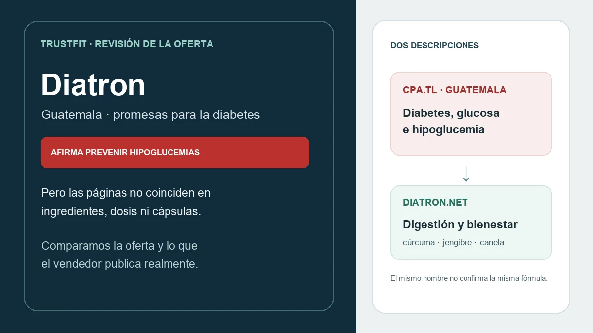 Gráfica editorial sobre Diatron en Guatemala: la oferta de afiliados promete beneficios para la diabetes, mientras una página del vendedor lo describe como suplemento para la digestión y el bienestar.