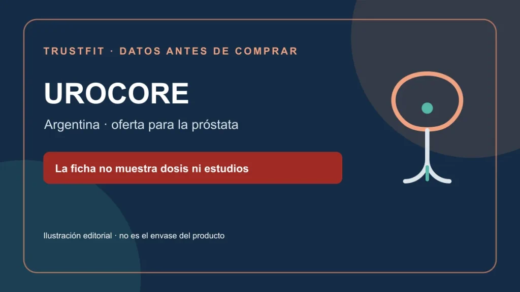 UROCORE en Argentina: la oferta se clasifica en prostatitis y muestra ingredientes, pero la ficha consultada no indica cantidades por dosis ni enlaza un estudio del producto terminado. Ilustración editorial, no es una foto del envase.