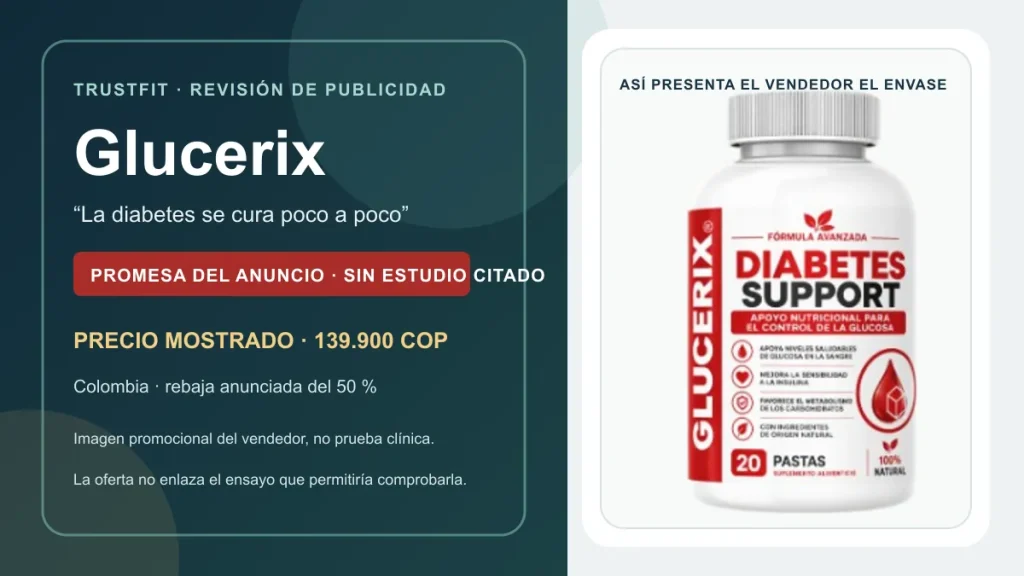 Envase de Glucerix mostrado por el vendedor colombiano; la etiqueta dice apoyo nutricional para el control de glucosa y la imagen es promocional.