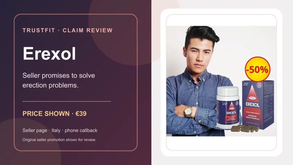 Рекламное изображение Erexol с упаковкой, мужчиной и надписью о скидке 50%; исходный промоматериал продавца.