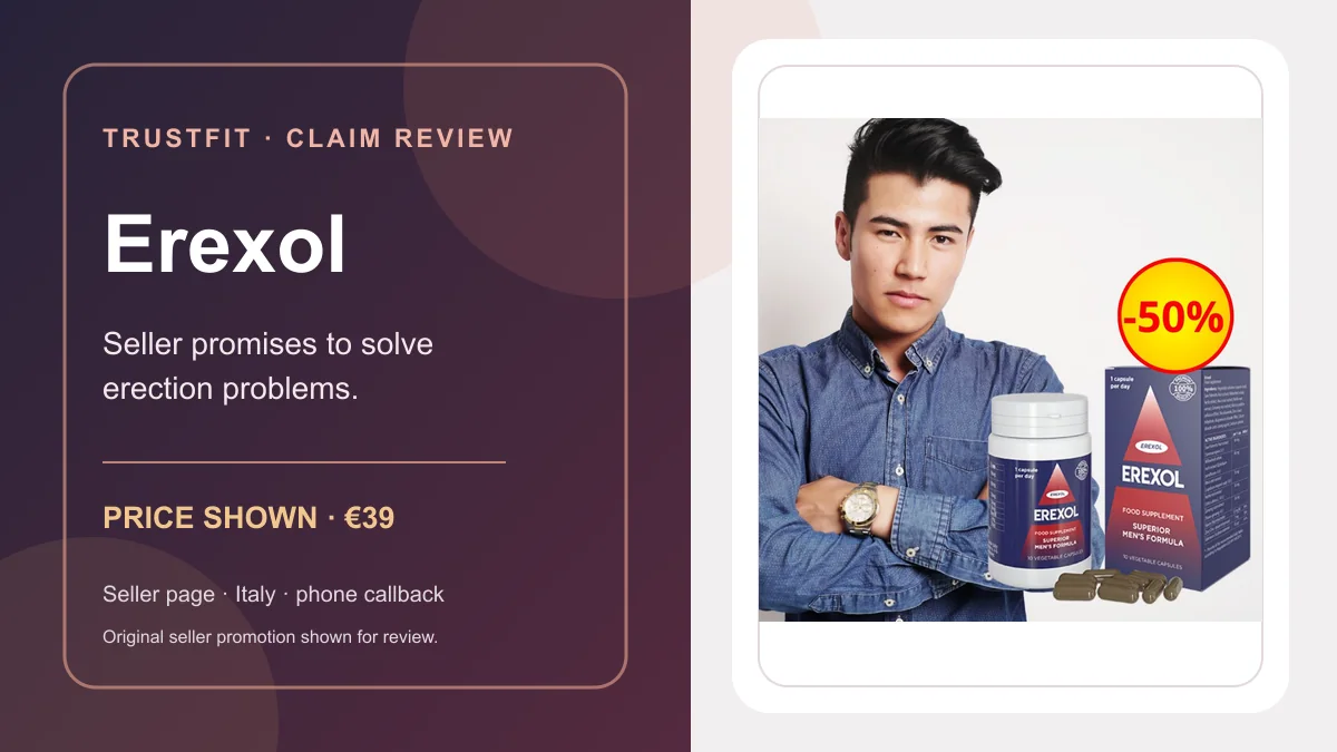 Рекламное изображение Erexol с упаковкой, мужчиной и надписью о скидке 50%; исходный промоматериал продавца.